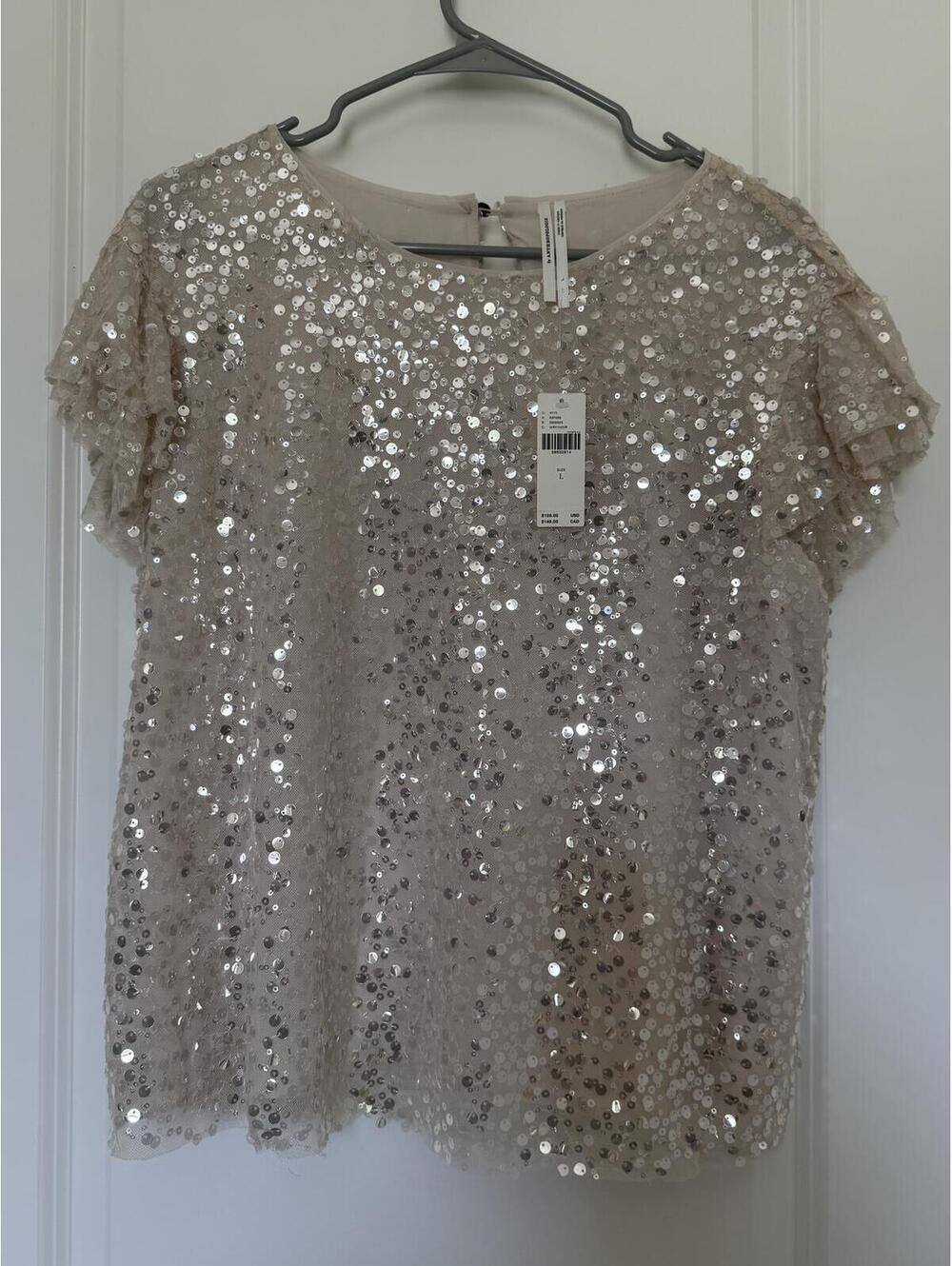 NWT Anthropologie Champagne Mesh Sequin Top Size L